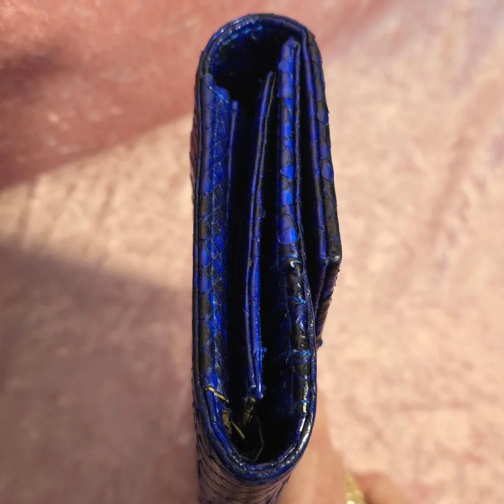 Electric Blue Snakeskin Python Trifold Wallet Gold Turn Lock Closure Luxury